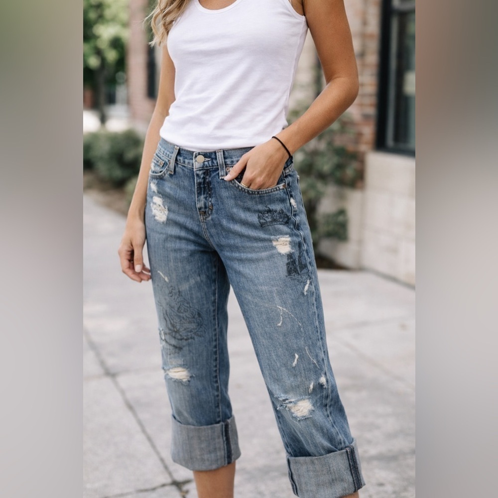 Gap Straight Boy Cut Distressed Jolly Roger Jeans